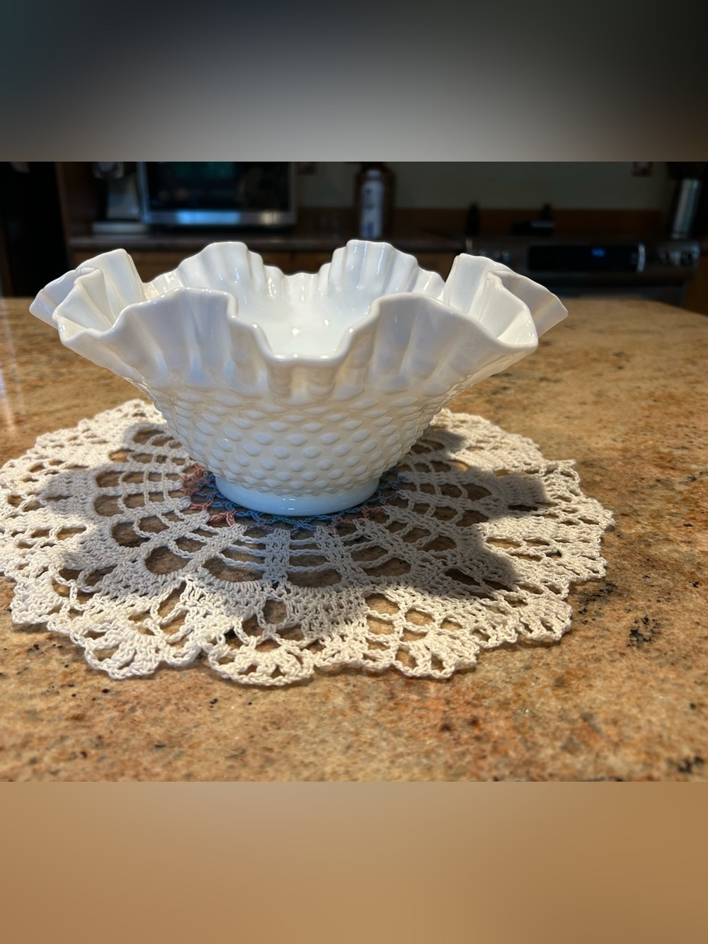 Fenton 9” White Hobnail Ruffled Milk Glass Bowl w/12” Handmade Doily No flaws